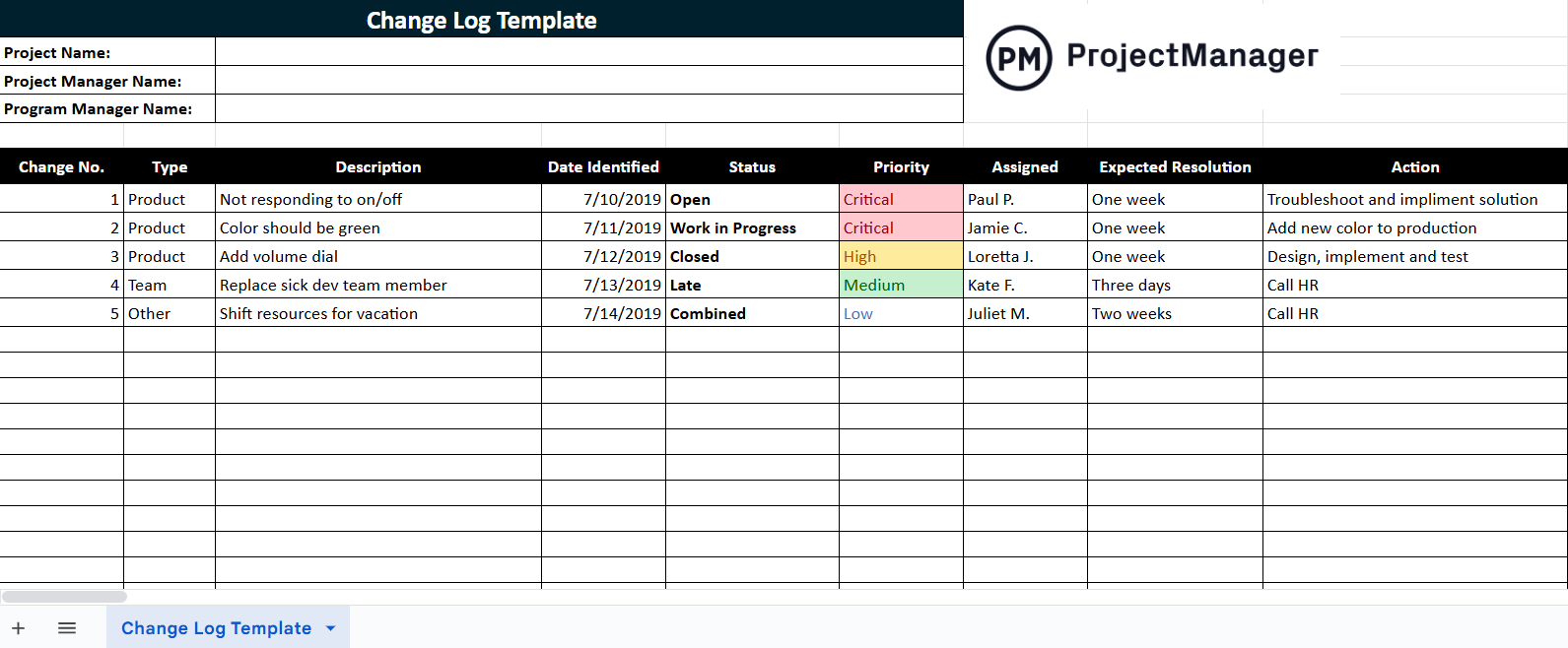 Change log template for Google Sheets