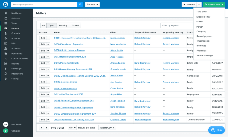 Clio screenshot, legal project management software