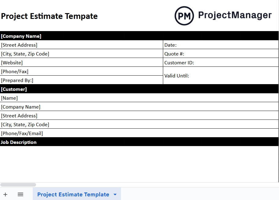 Project estimate template for Google Sheets