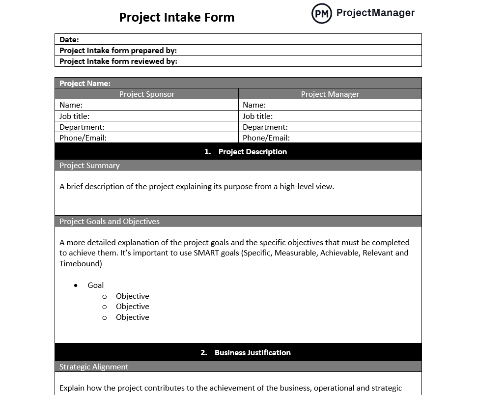 ProjectManager's project intake form template