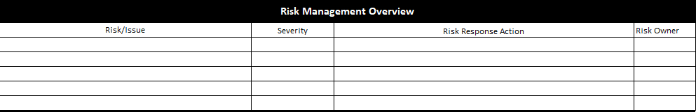 Project status report template showing the risk log section