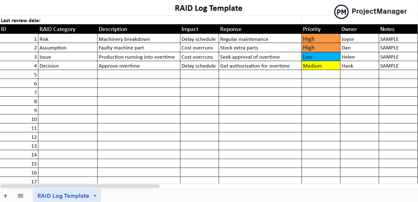 RAID log template for Google Sheets