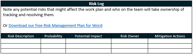 Risk log section of ProjectManager's work plan template for Word