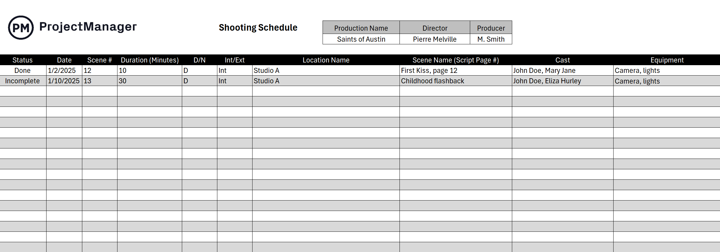 Shooting schedule template ProjectManager