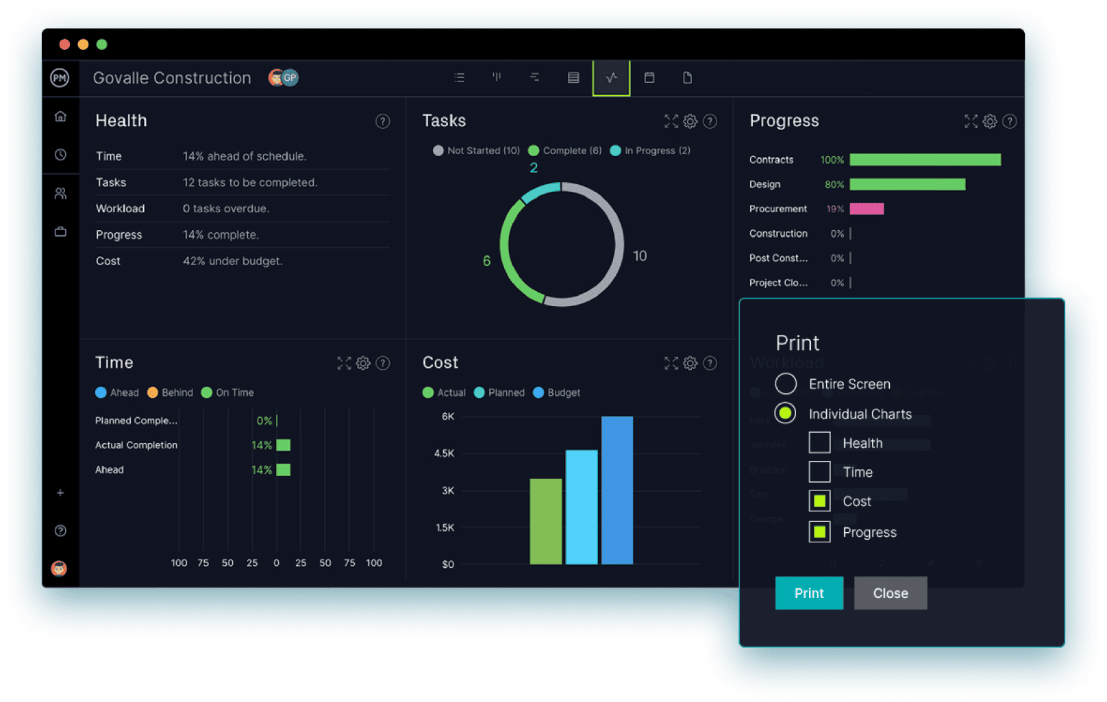 program management software with real-time dashboard showing project metrics