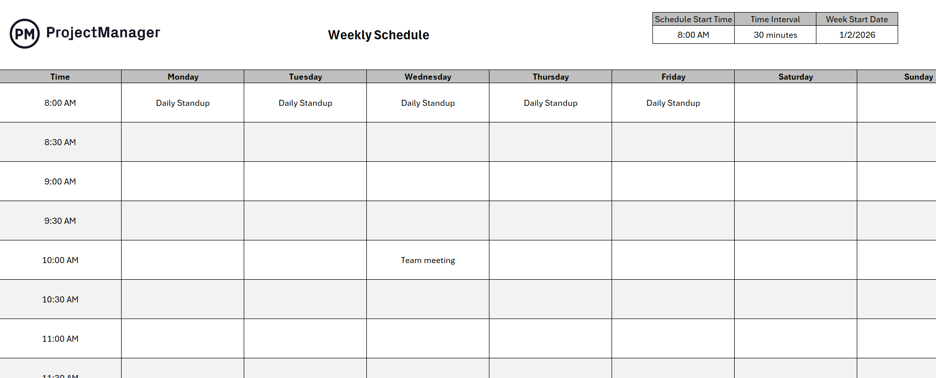 ProjectManager's weekly schedule template for Excel