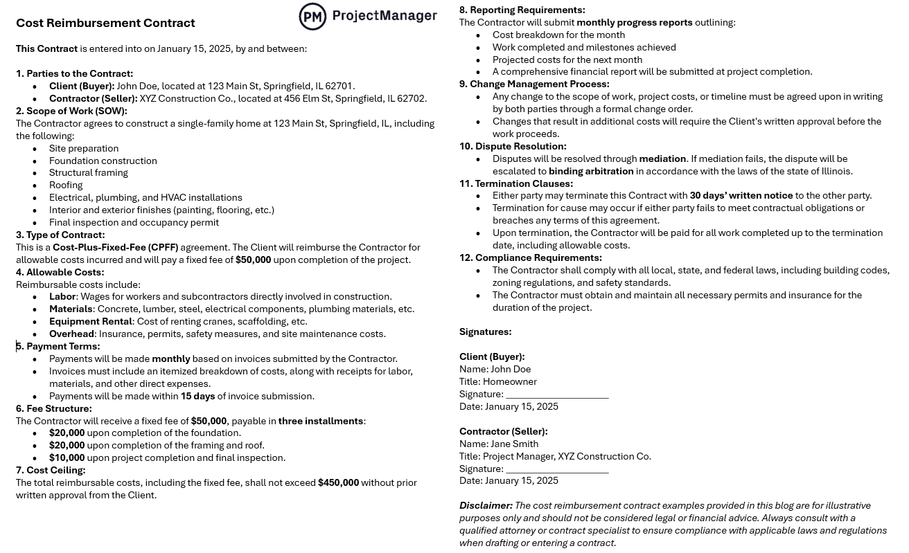 Cost reimbursement contract example for Word by ProjectManager