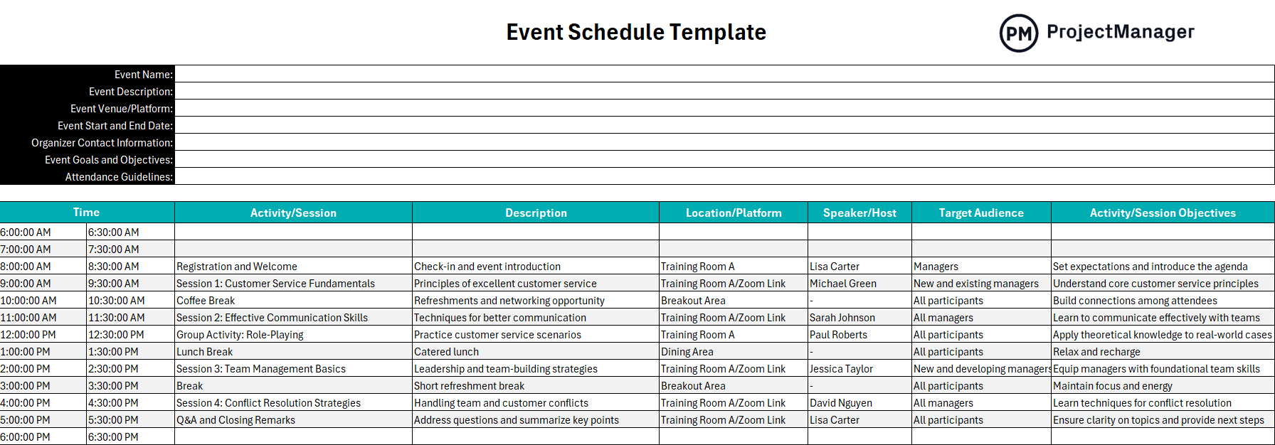 Event schedule template for Excel