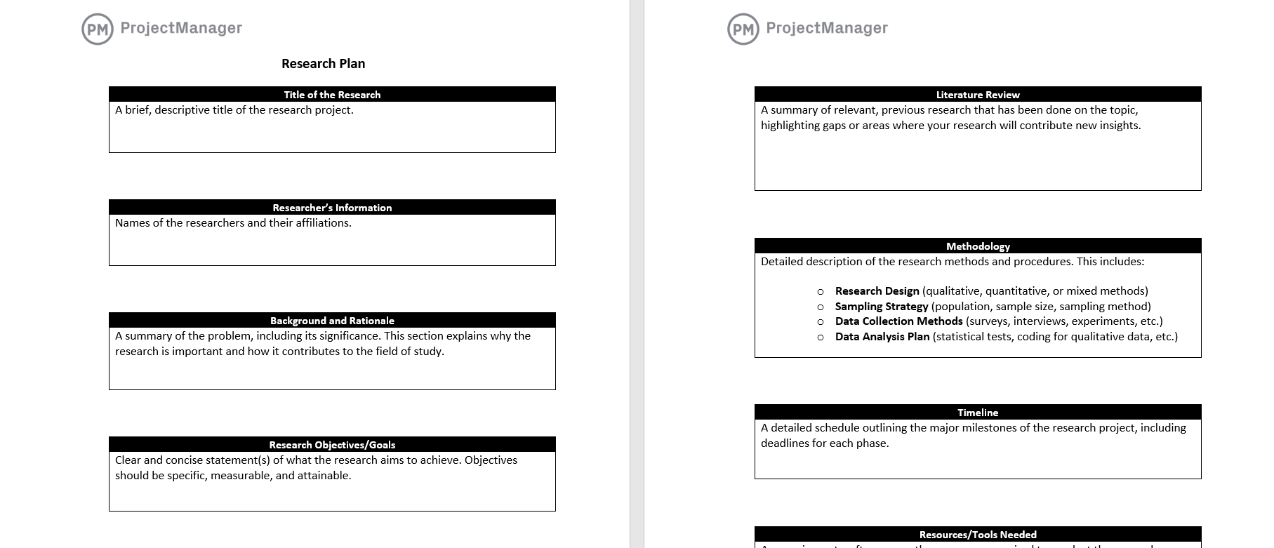 Research plan template for word by ProjectManager