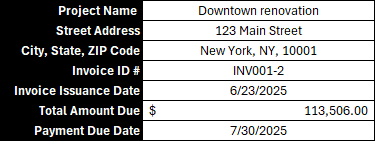 ProjectManager's construction invoice template section showing general project information