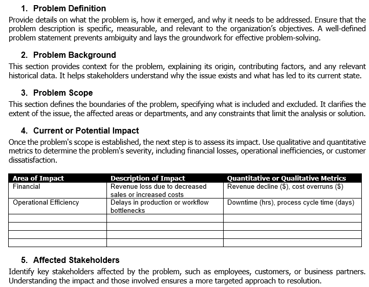 ProjectManager's problem statement template