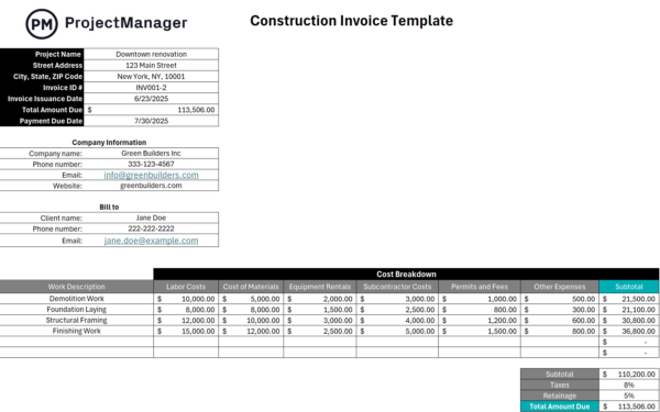 construction invoice template for Excel