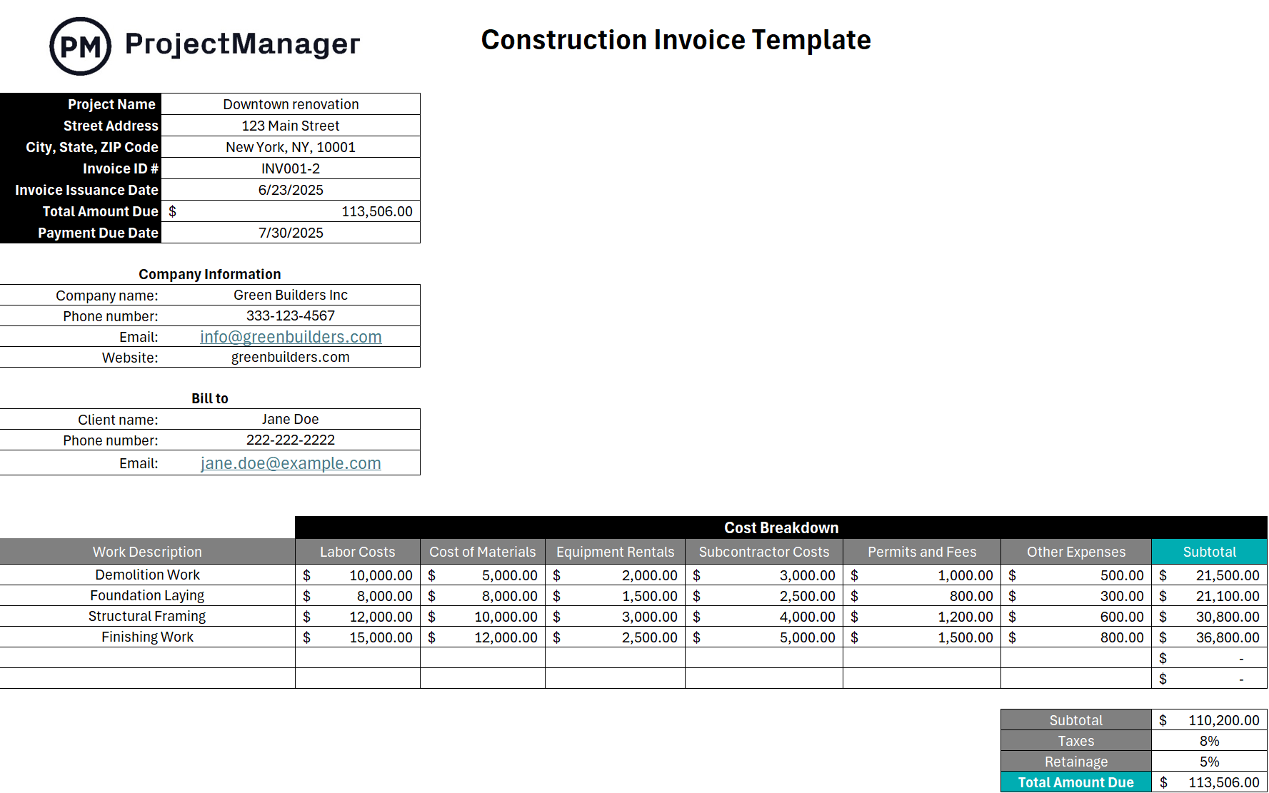 ProjectManager's free construction invoice template for Excel