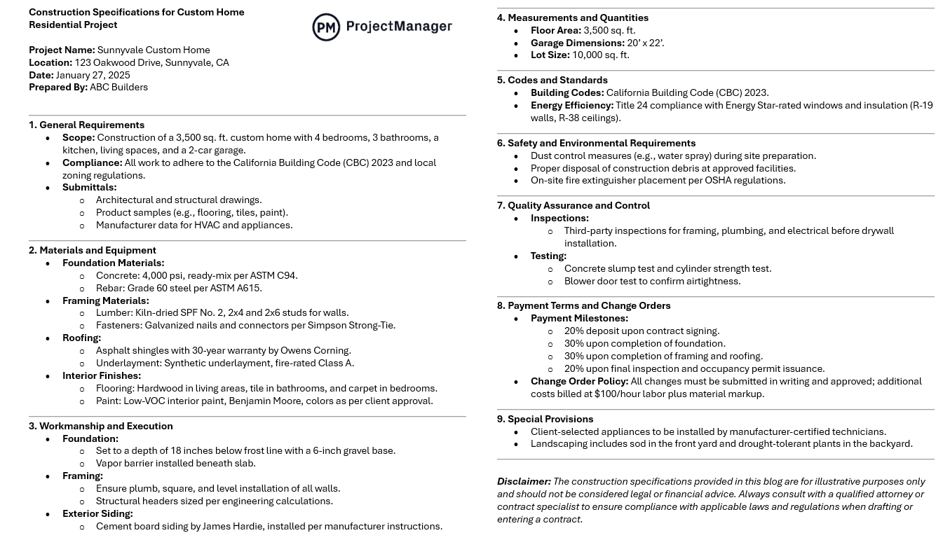 Construction specifications sample document