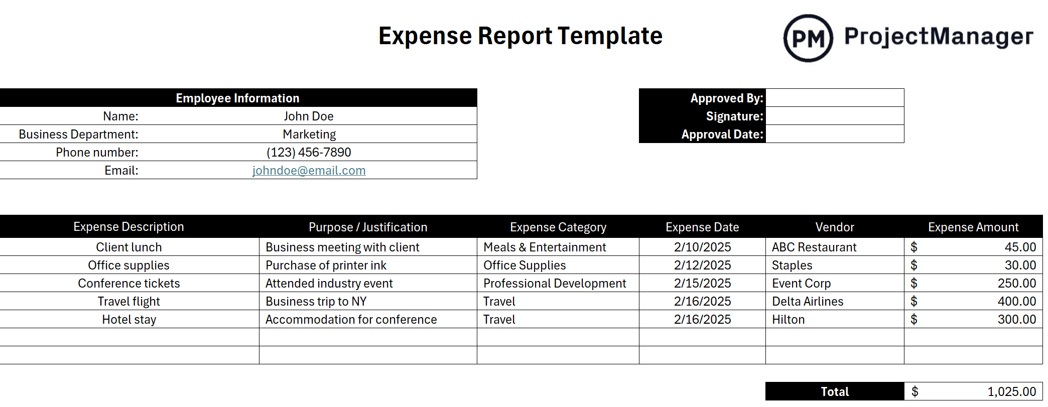 ProjectManager's free expense report template for Excel