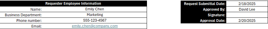 ProjectManager's service request form template for excel showing general information