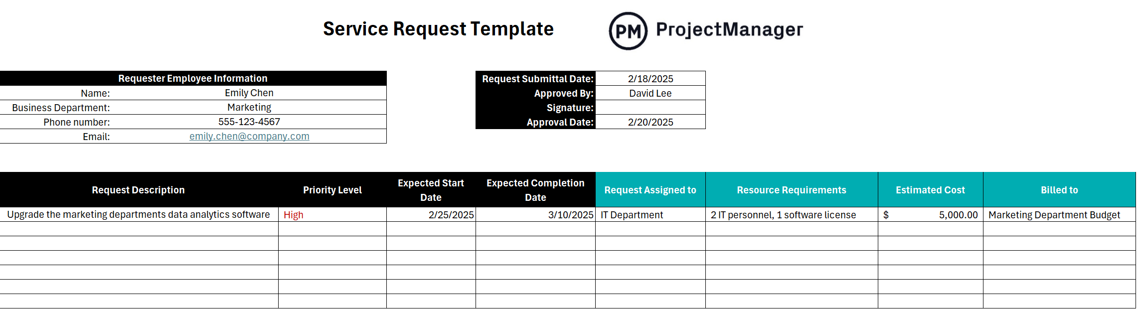 ProjectManager's service request form for Excel