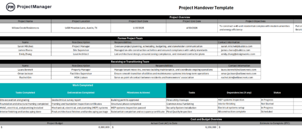 project handover template for Excel