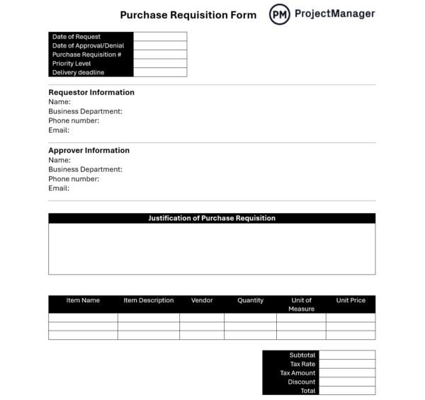Purchase Requisition Form 600X565
