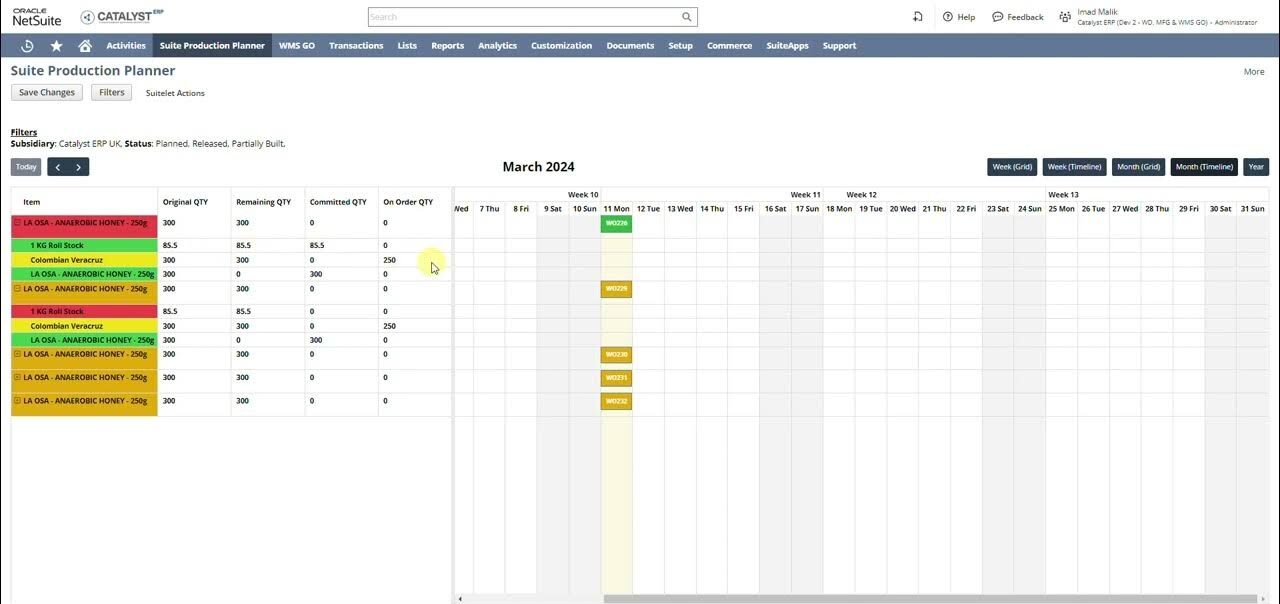 Production tracking software, NetSuite screenshot