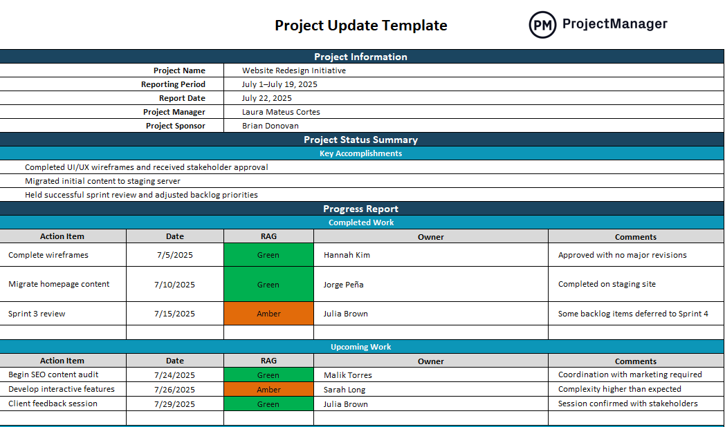 Project update template for Excel