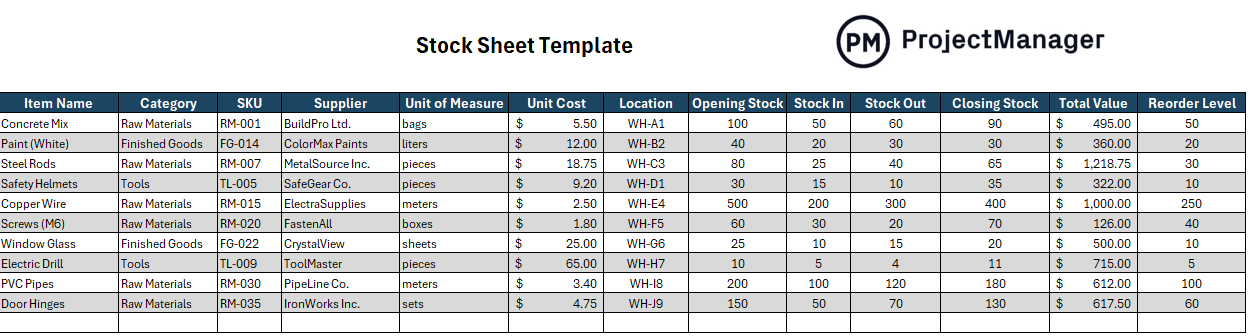 Stock Sheet Template for Excel