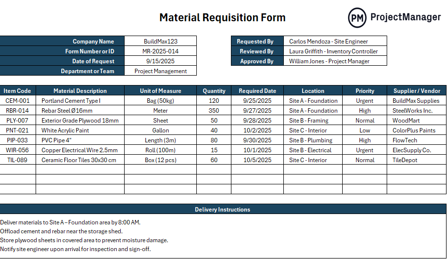 Material Requisition Form template for Excel