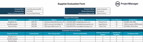 Supplier Evaluation Form template for Excel