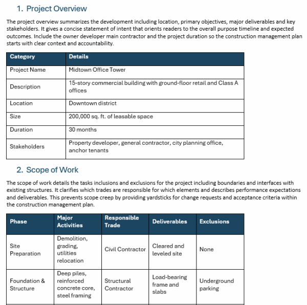 Construction management plan template for Word