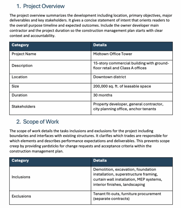 Construction management plan template
