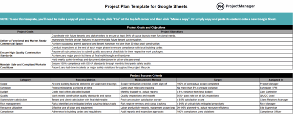 Project plan template for Google Sheets