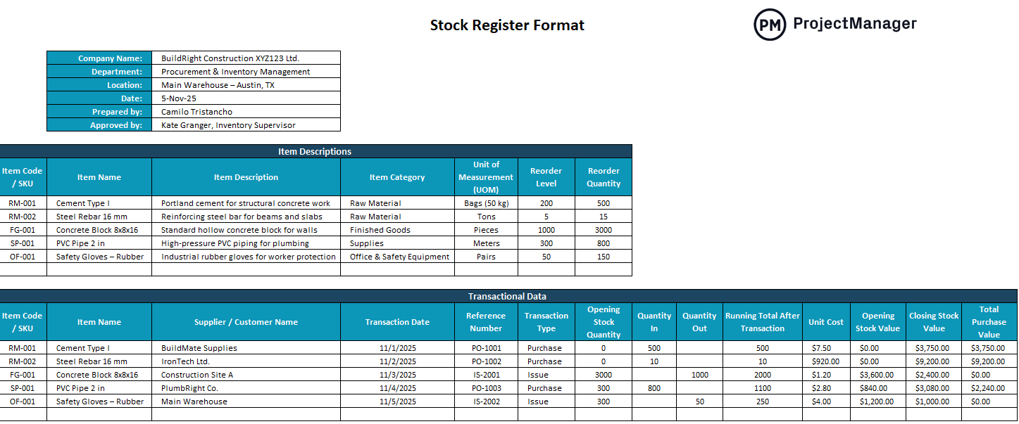 Stock register format for Excel