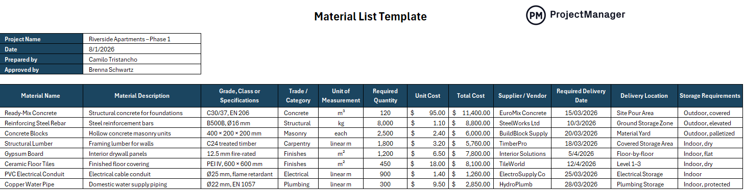 Material list template for Excel