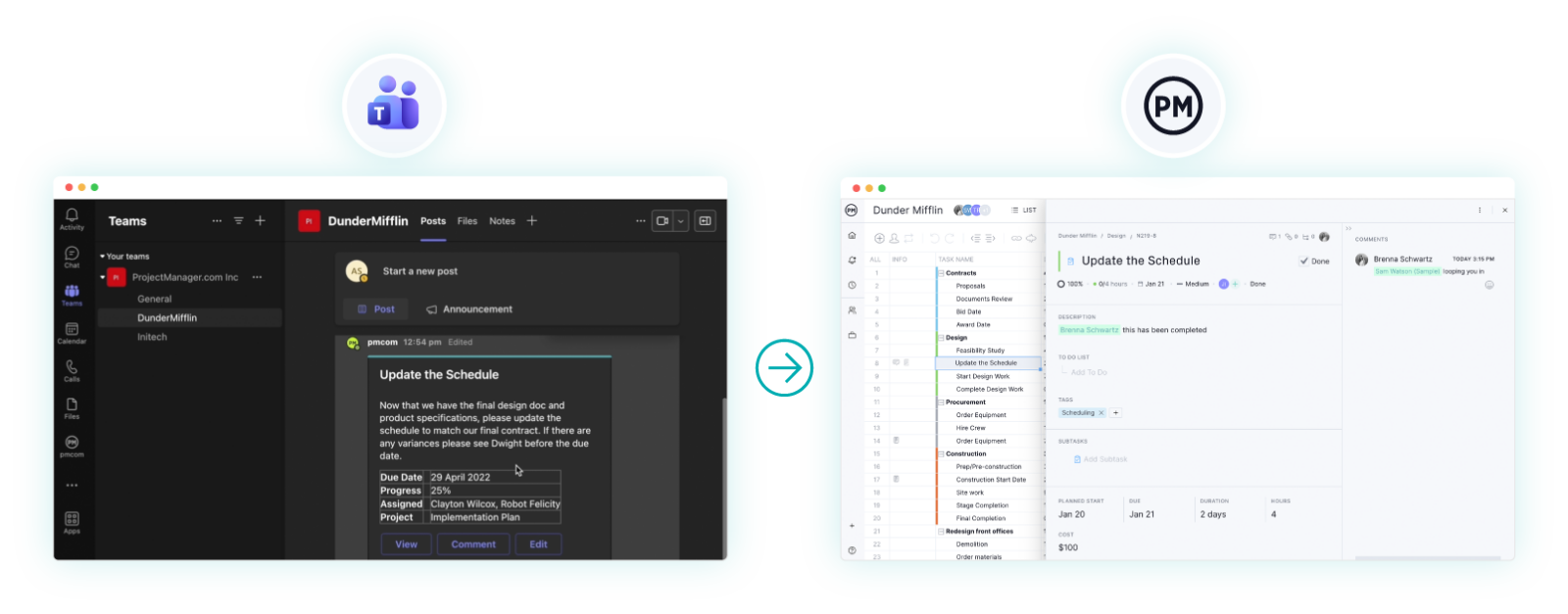ProjectManager integrates with Microsoft Teams, both software screenshots are shown side by side